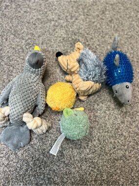 Pet Plush Toy Bundle - Gray, Yellow, Green, Blue Plush & Squeaky Toys